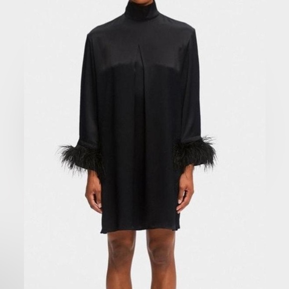 Sleeper NWT Black Satin Shirt Dress with Detachable Feather Trim - Picture 12 of 13